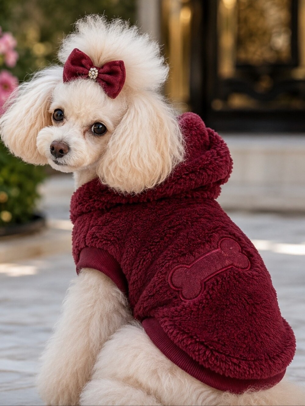 Faux Plush Fur Dog Coat, With Hood, Maroon , Size Large
